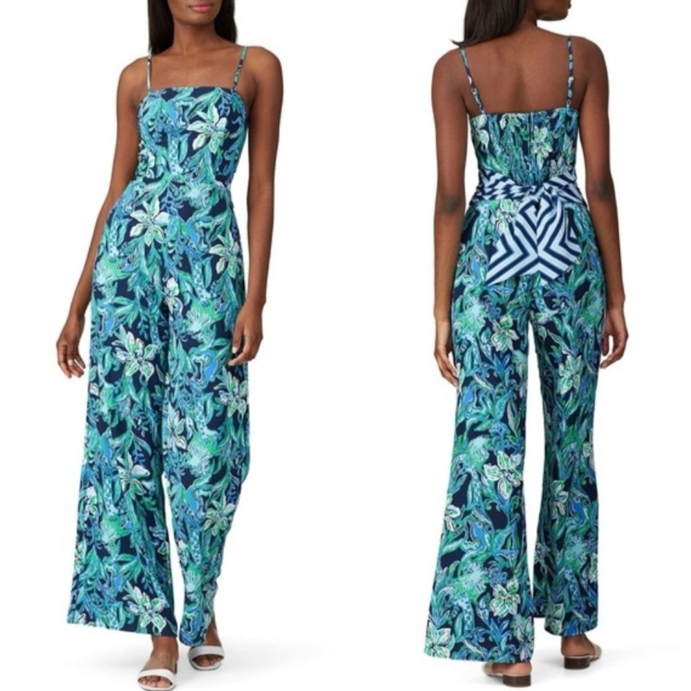 Lilly Pulitzer Nila Jumpsuit 6 High Tide Navy Floral Wide Leg Tie Waist Tropical